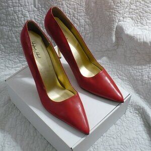 HIGHEST HEEL RED PATENT PUMPS WITH 4" GOLD STILETTO HEEL- SIZE 14M